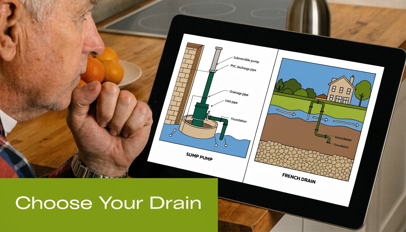 An elderly man looks at a tablet displaying a comparison diagram between a sump pump and French drain.
