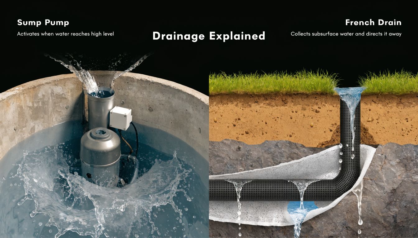 An educational illustration comparing a mechanical sump pump and a perforated subsurface French drain system.