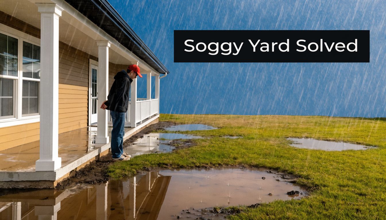 A person standing on a porch looking at puddles and water accumulation in a soggy backyard.