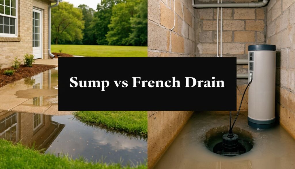 Split image showing flood-prone yard on the left and a sump pump system in a basement on the right, illustrating 'Sump vs French Drain'