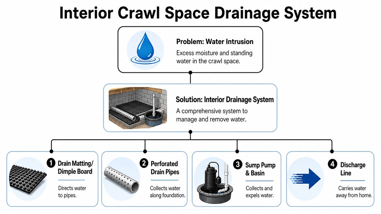 An infographic diagram illustrating the components and process of an interior crawl space drainage system.