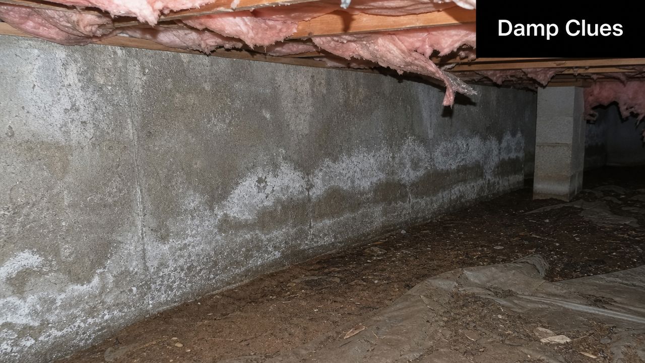 A concrete crawl space wall showing significant efflorescence and signs of moisture damage near the dirt floor.