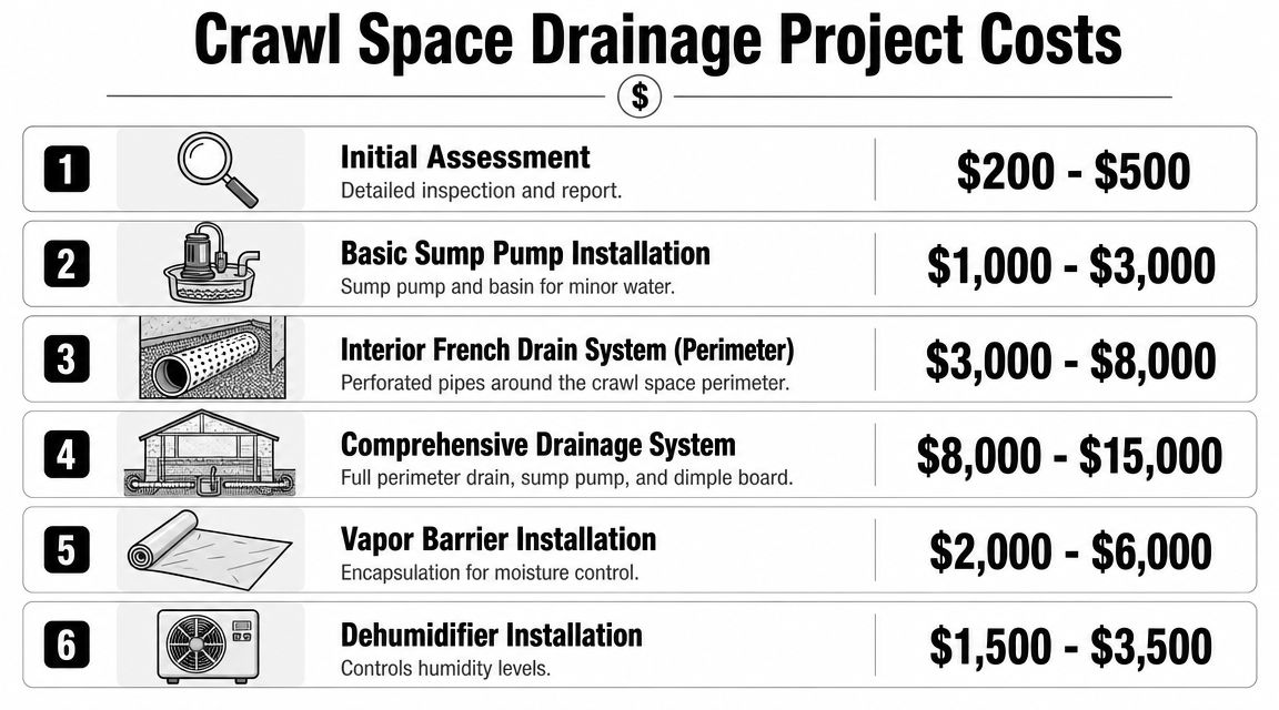 A chart detailing the estimated costs for various professional crawl space drainage and moisture control projects.