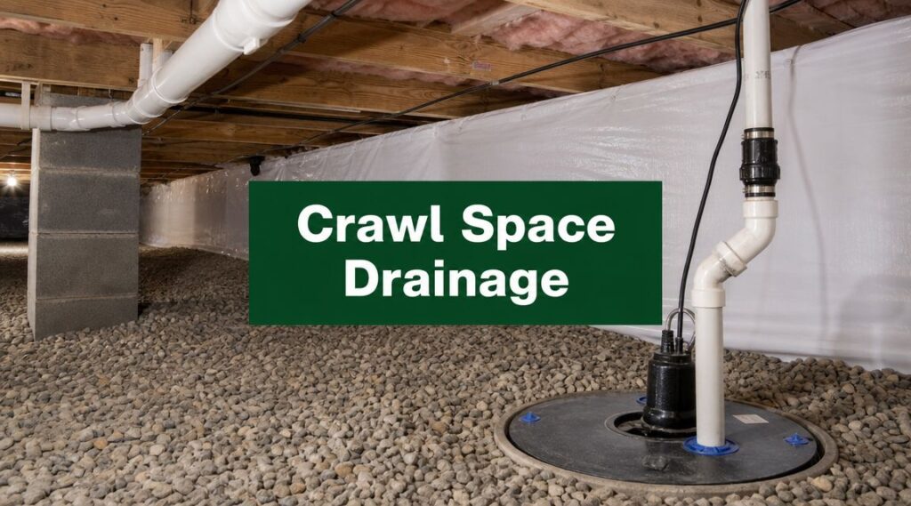 Crawl space drainage system with PVC pipes and a gravel floor beneath an unfinished ceiling.