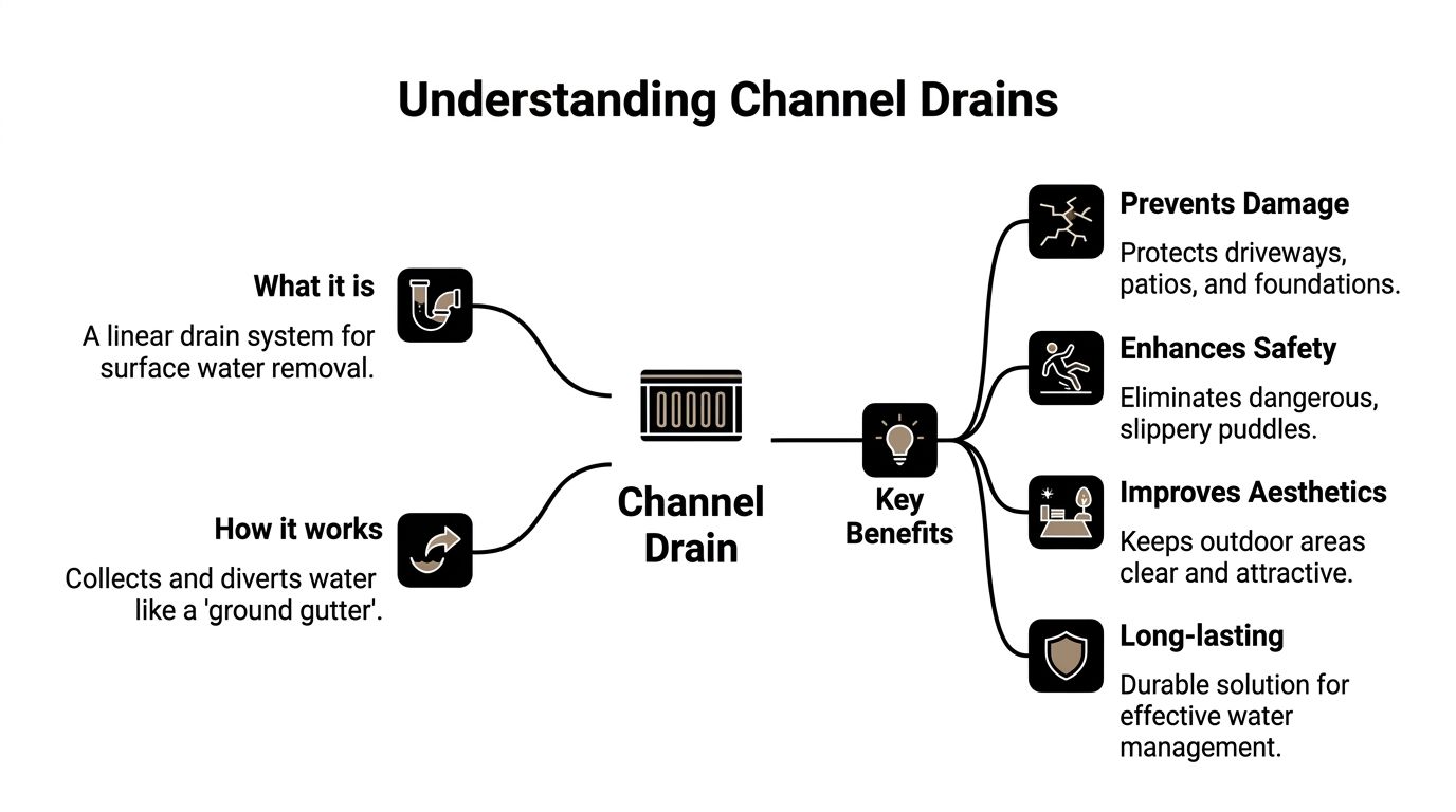 An infographic explaining what channel drains are, how they work, and their key benefits for homeowners.
