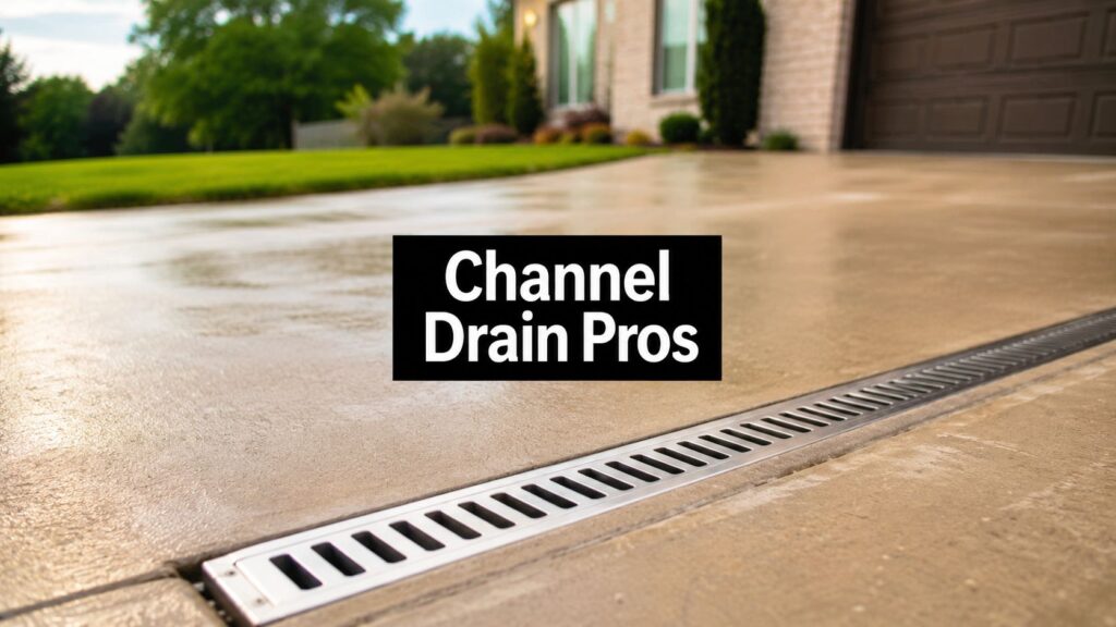 Promotional image showing a residential driveway with a long metal channel drain along the edge and a bold 'Channel Drain Pros' overlay.