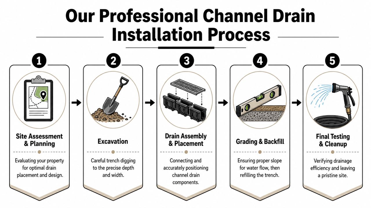 A five-step infographic illustrating the professional process for installing a channel drain system on a property.