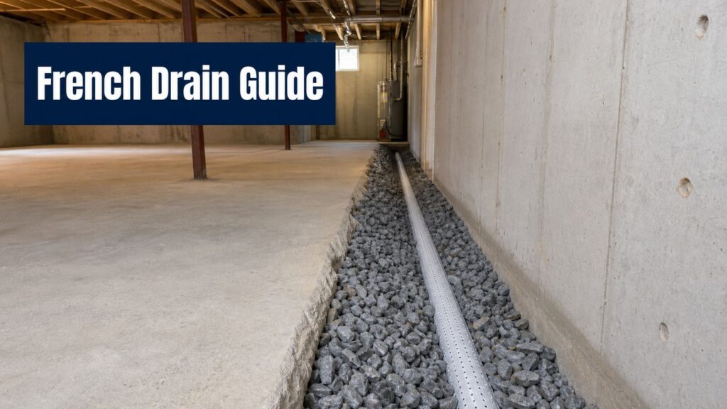 Blue sign reading 'French Drain Guide' in a basement, above a gravel trench with a perforated drainage pipe along the wall.
