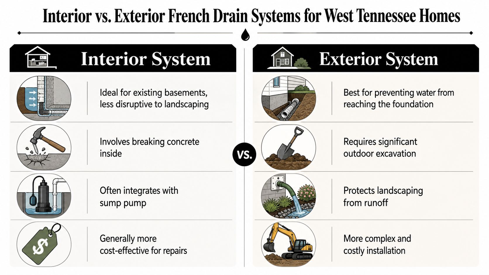 A comparison infographic showing the pros and cons of interior versus exterior French drain systems for homes.