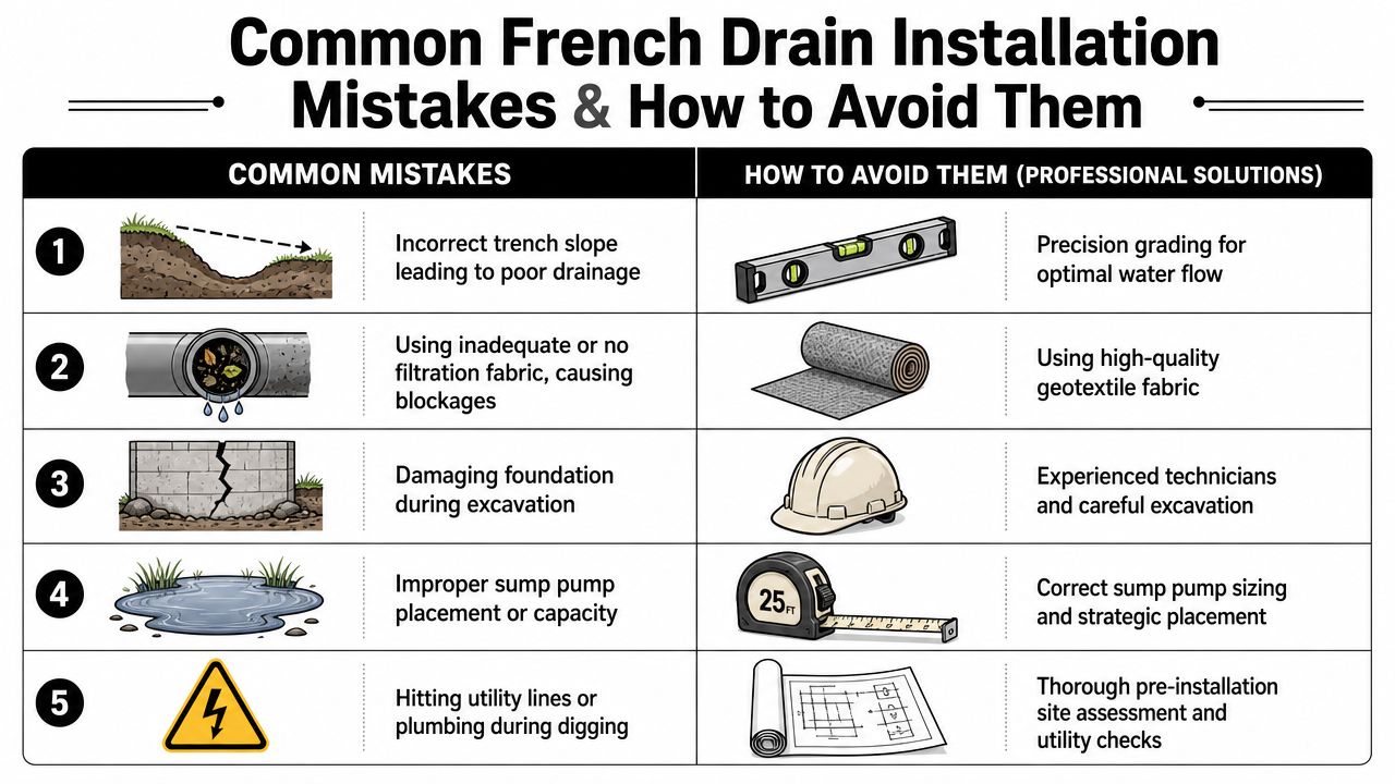 A visual guide listing the top five common French drain installation mistakes and professional solutions to avoid them.