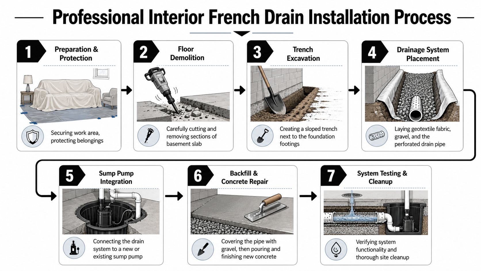A seven-step infographic detailing the professional interior French drain installation process in a residential basement.