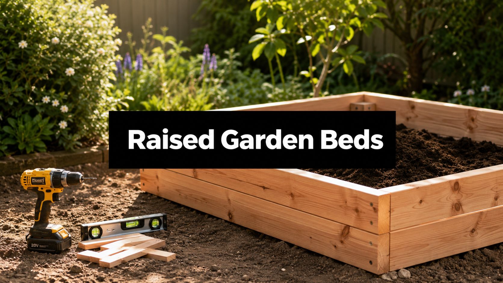 Two wooden raised garden beds under construction in a sunny backyard, with a drill, level, and wooden planks on the soil nearby.