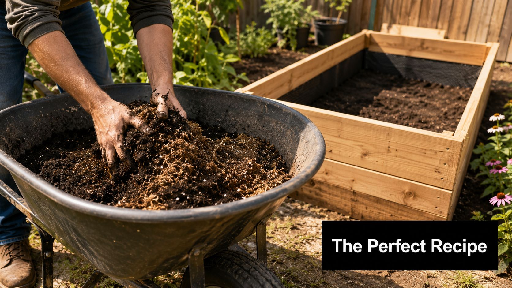 A person mixing nutrient-rich soil in a wheelbarrow for their new raised wooden garden bed.