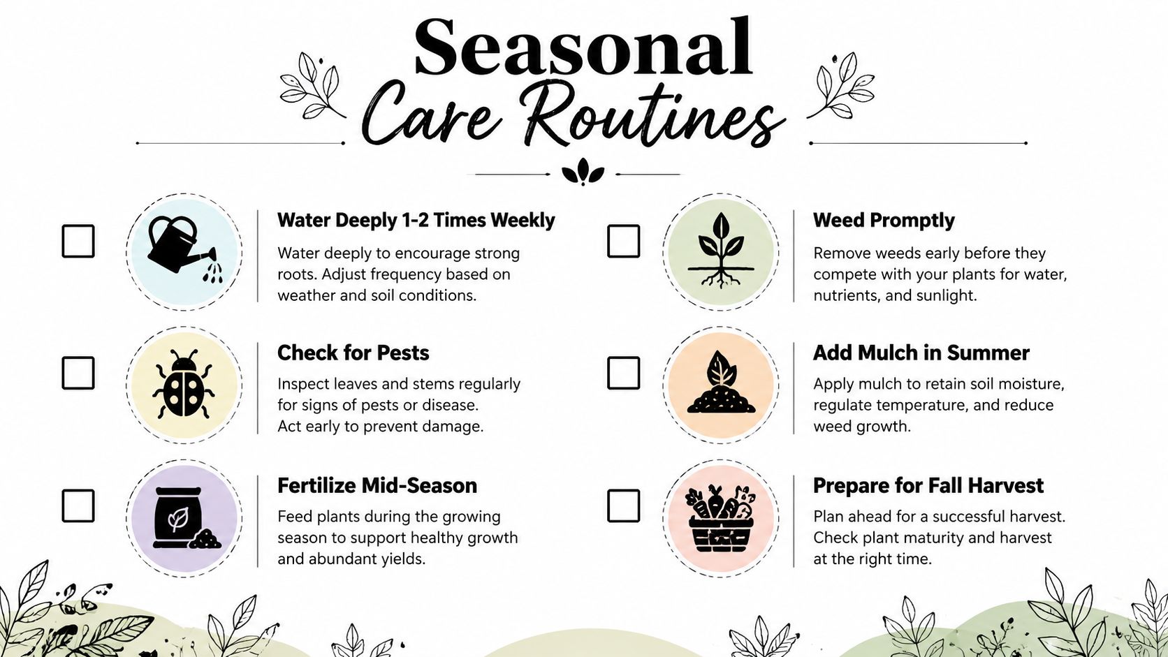 A checklist for seasonal gardening care routines including watering, pest control, fertilizing, weeding, mulching, and fall harvesting.