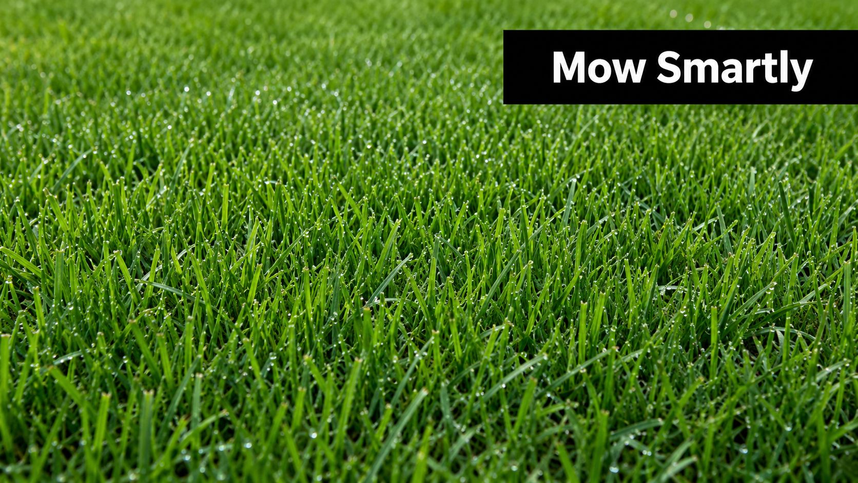 Close-up of vibrant green grass blades covered in morning dew droplets in a lush lawn.