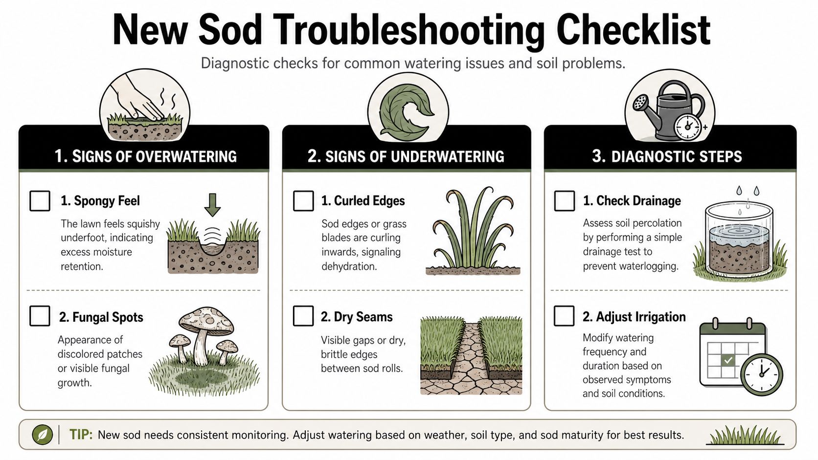 A troubleshooting checklist for new sod lawns, detailing signs of overwatering, underwatering, and diagnostic steps.