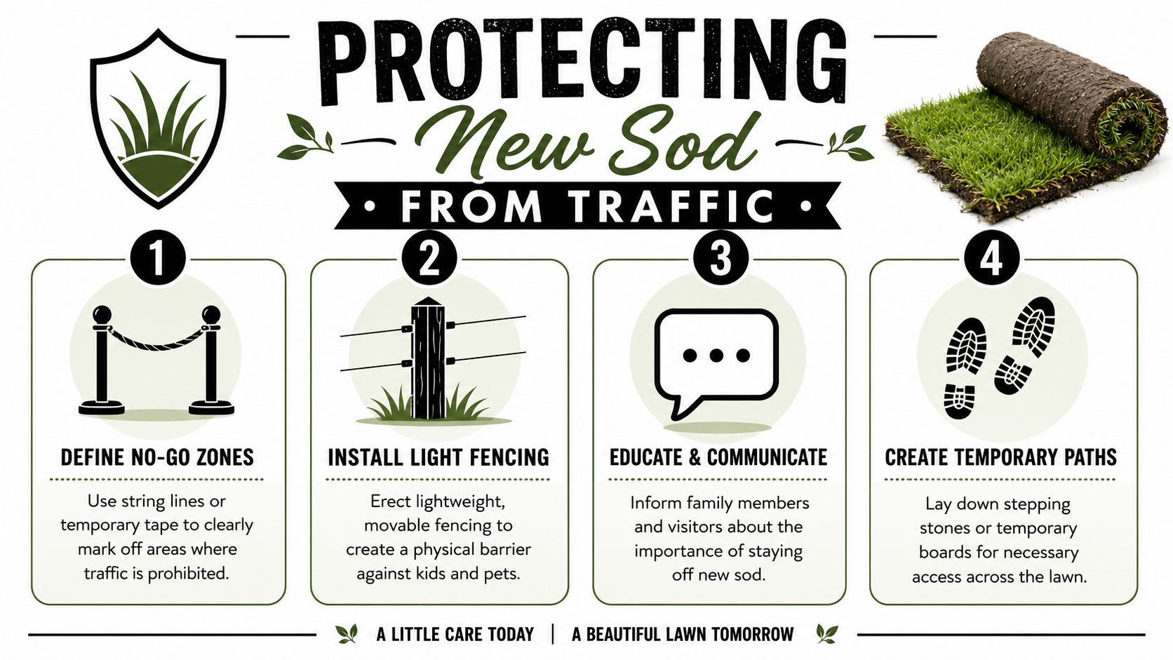 An infographic showing four steps to protect newly installed sod from foot traffic and pets.