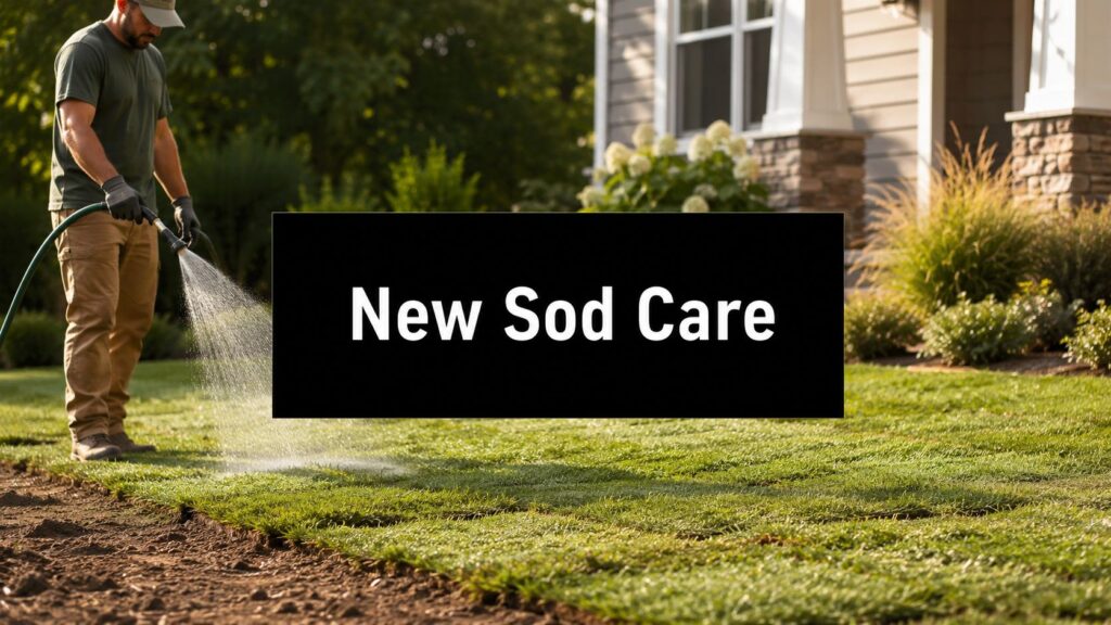 Landscaper watering a new sod lawn in a residential yard; a bold black sign across the center reads 'New Sod Care'.