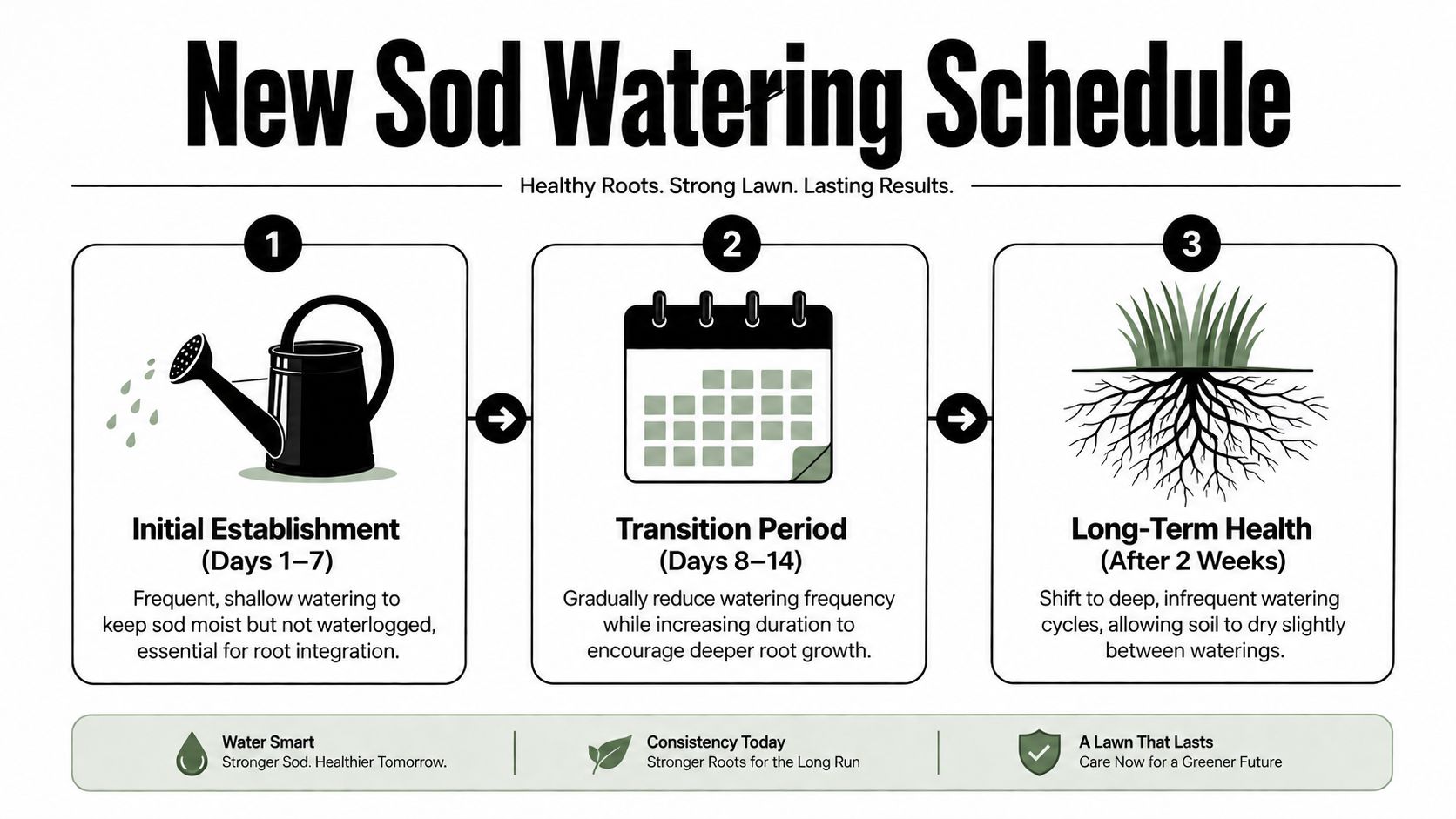 An infographic detailing a three-step watering schedule for newly laid sod to ensure healthy lawn growth.