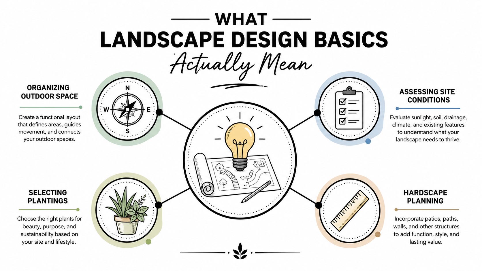 An infographic titled Landscape Design Basics illustrating the four key components of planning an outdoor garden project.