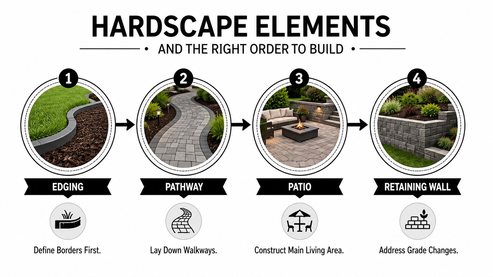 An infographic outlining the four steps of hardscape installation, starting with edging, pathways, patios, and finally, retaining walls.