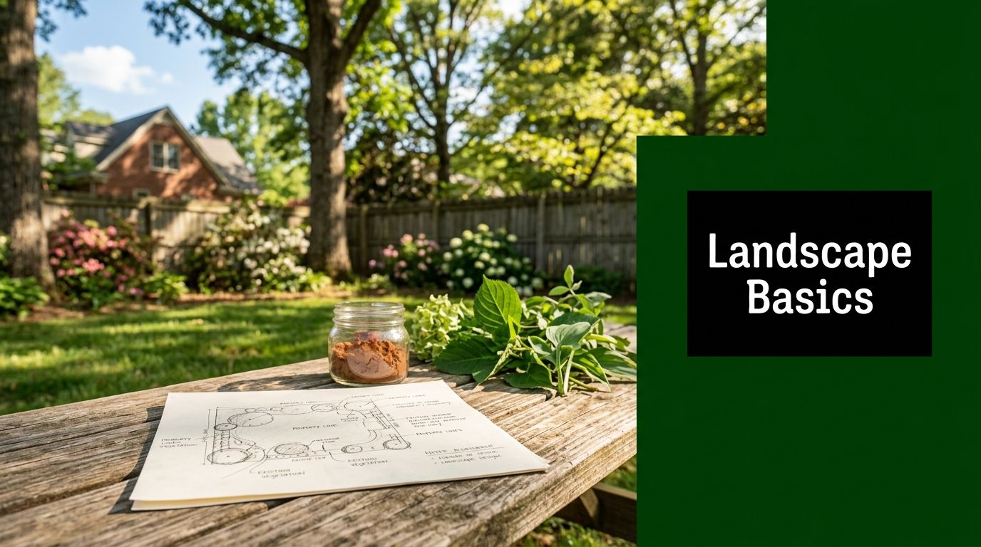 Backyard scene with a weathered wooden table holding a blueprint, a jar of brown powder, and fresh herbs, with trees and a fence in the background.