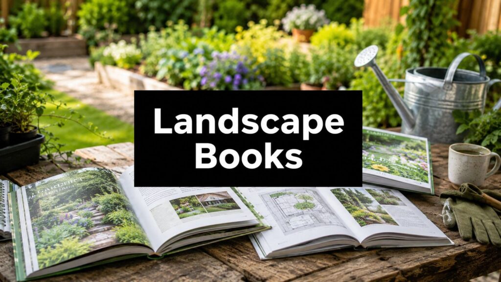 Garden scene with open landscaping books spread on a wooden table, a watering can and gloves nearby, and a bold black banner reading 'Landscape Books' across the center.