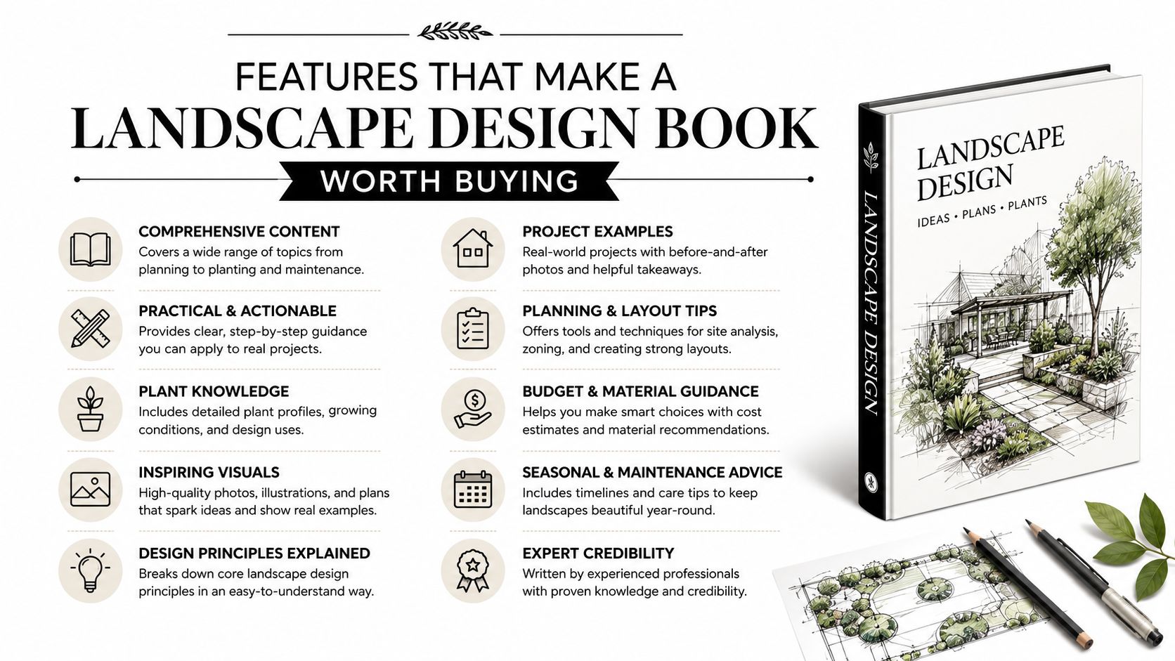An infographic titled features that make a landscape design book worth buying alongside a book cover.