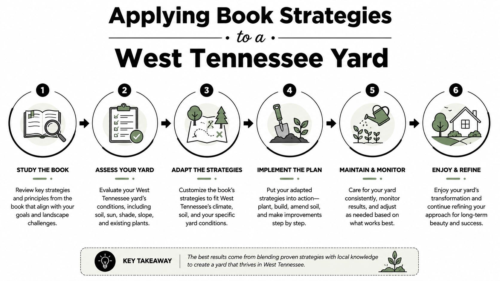 A six-step infographic showing how to apply gardening book strategies to a West Tennessee yard.