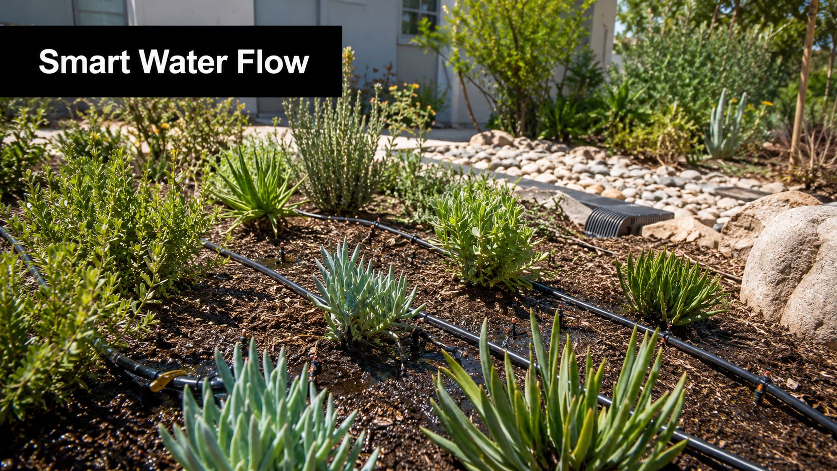 A modern drip irrigation system watering plants in a residential landscape garden in San Diego.