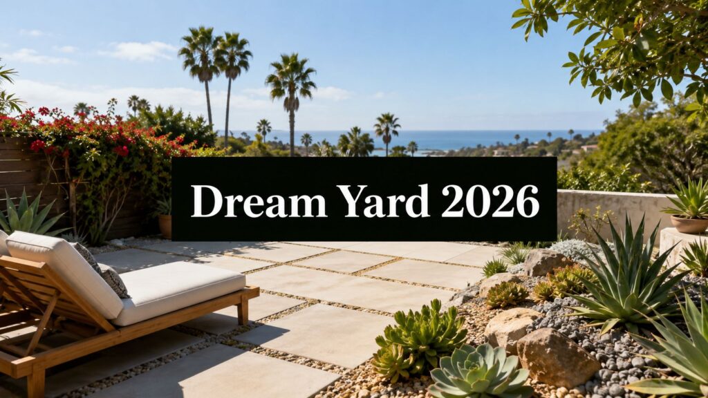 Black banner reading 'Dream Yard 2026' on a sunny patio with palm trees and a distant ocean view behind lush plants.
