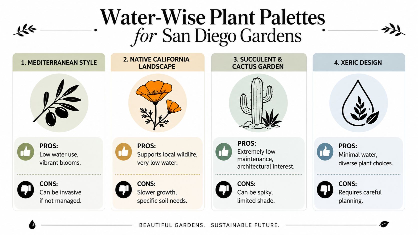 An infographic showing four water-wise plant palettes for San Diego gardens with pros and cons for each.