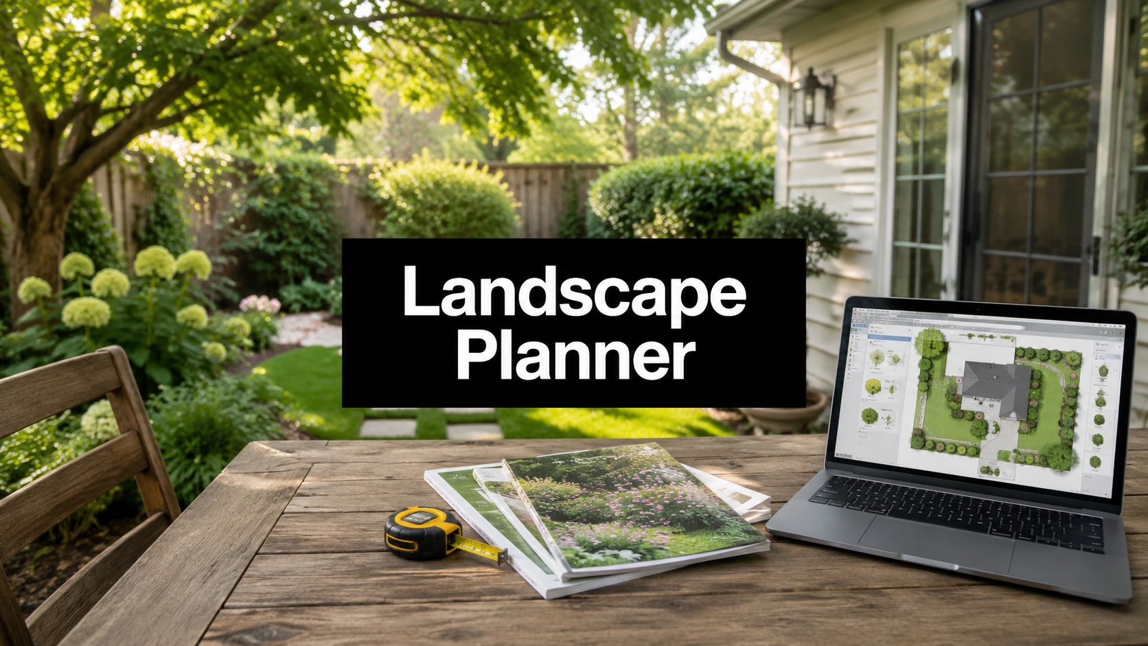 Outdoor backyard planning scene with a laptop showing a landscape site plan, a tape measure, and design catalogs on a wooden table.
