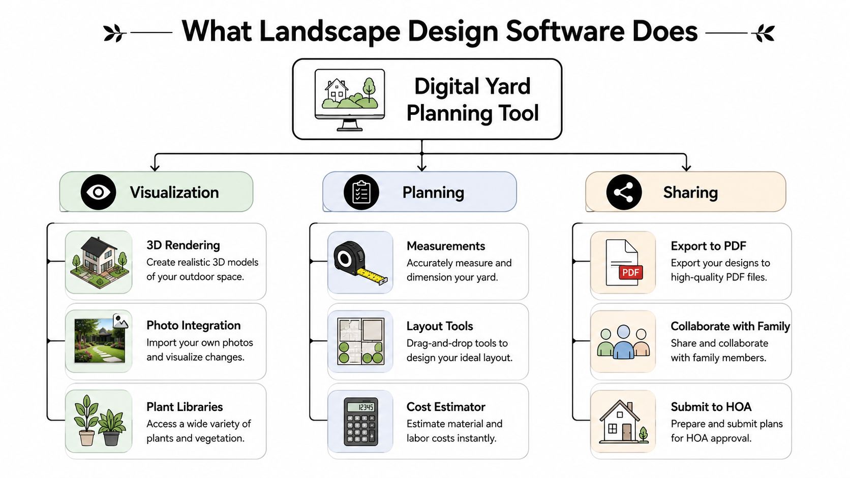 An infographic showing how landscape design software helps homeowners with visualization, project planning, and sharing designs.