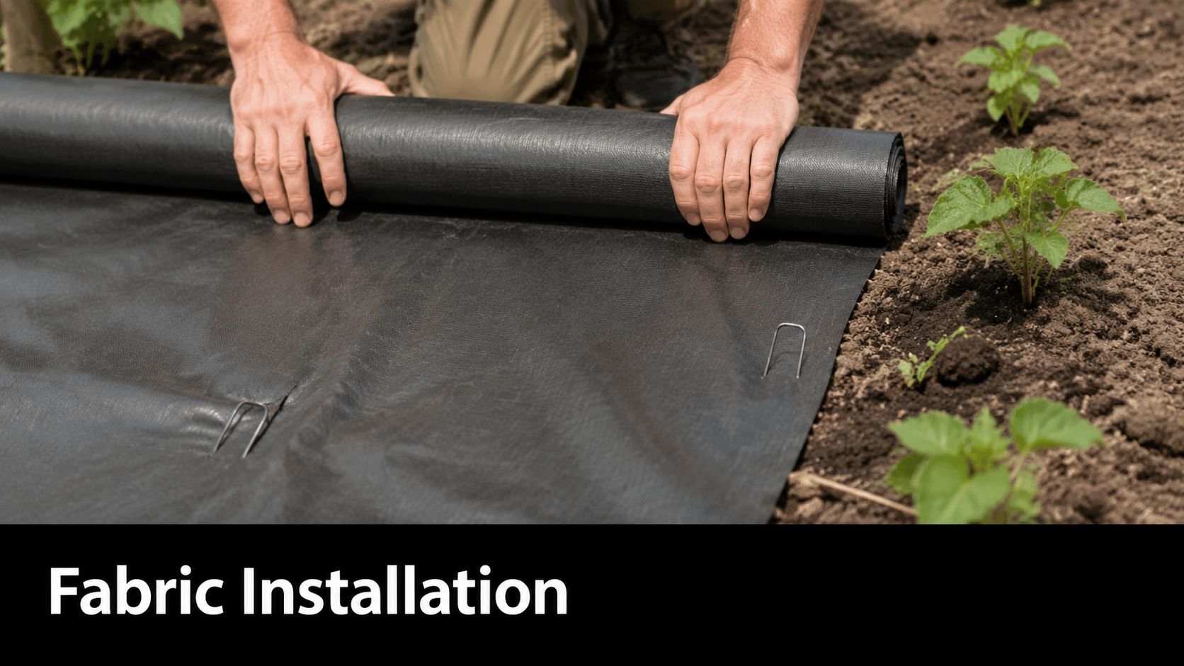 A person installing black landscape fabric over garden soil using metal stakes in a home garden.