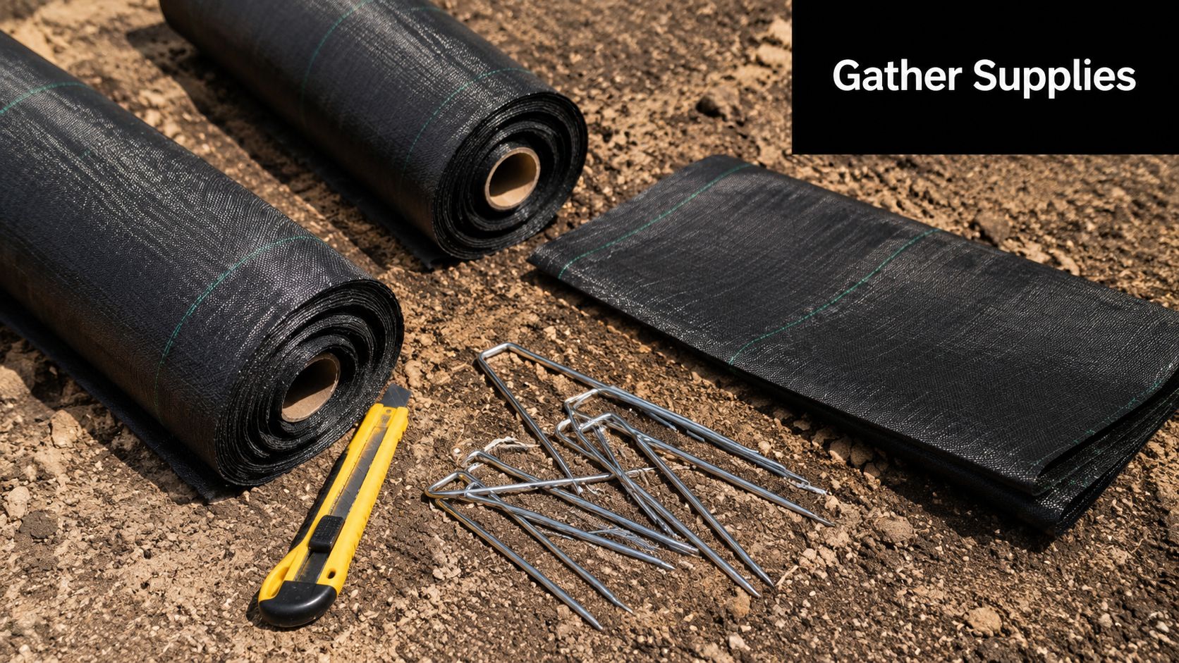 Supplies for landscape fabric installation including two rolls of black fabric, metal garden stakes, and a utility knife.
