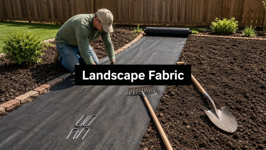 Person kneeling and laying black landscape fabric over soil in a backyard garden, with tools nearby.