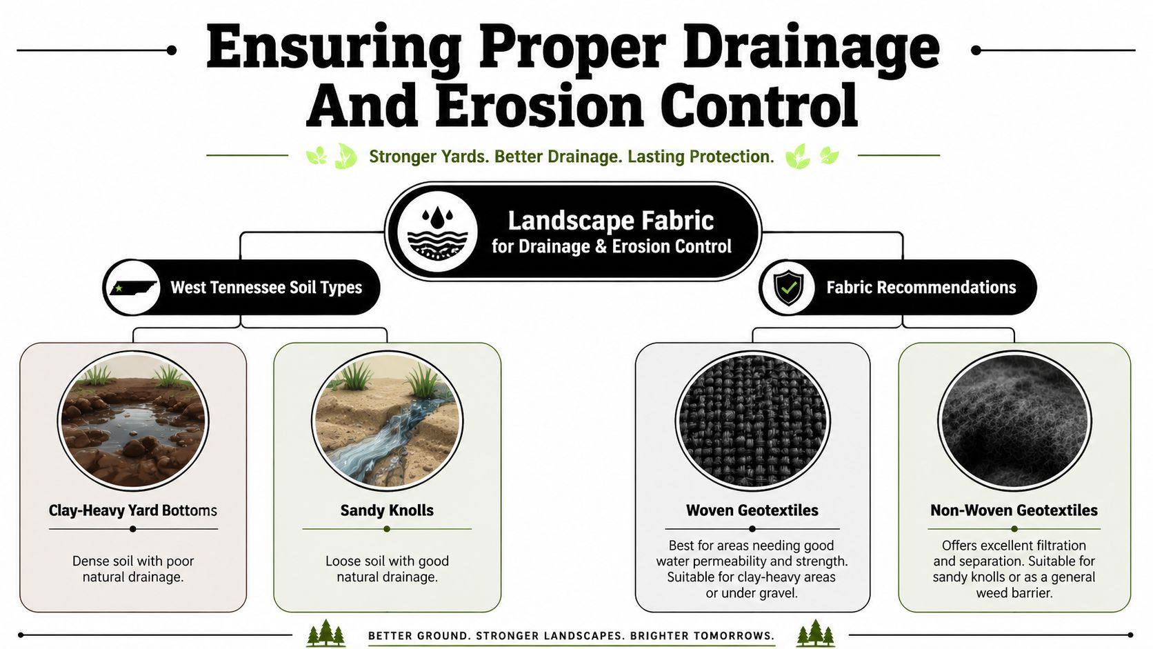 An infographic detailing landscape fabric types for West Tennessee soil conditions like clay-heavy yards and sandy knolls.