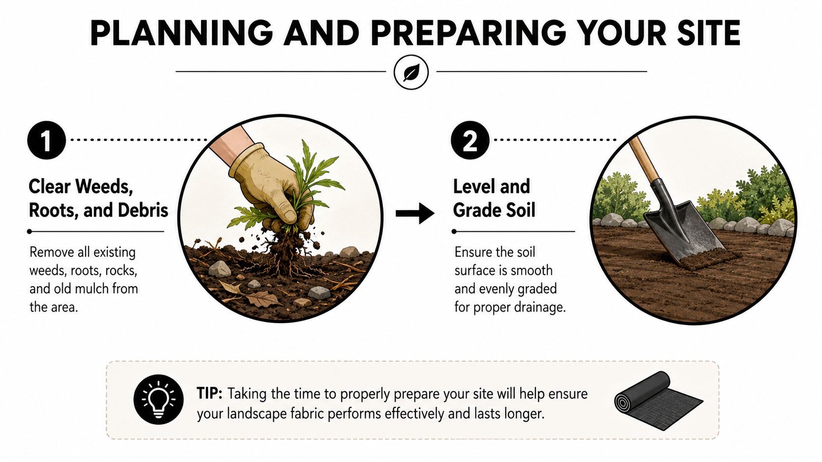 A two-step infographic demonstrating how to clear weeds and grade soil before installing landscape fabric.
