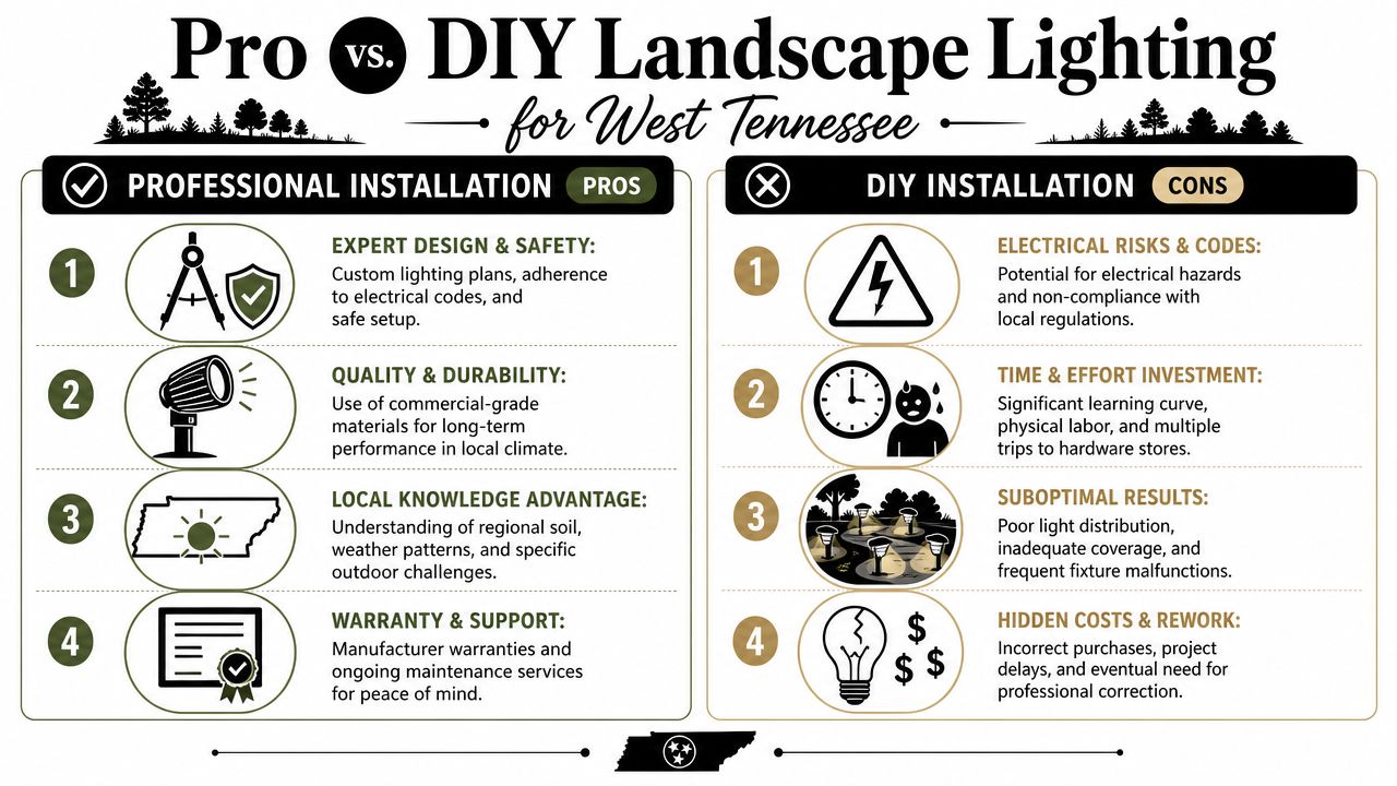 A comparison infographic detailing the pros of professional landscape lighting installation versus the cons of DIY installation.