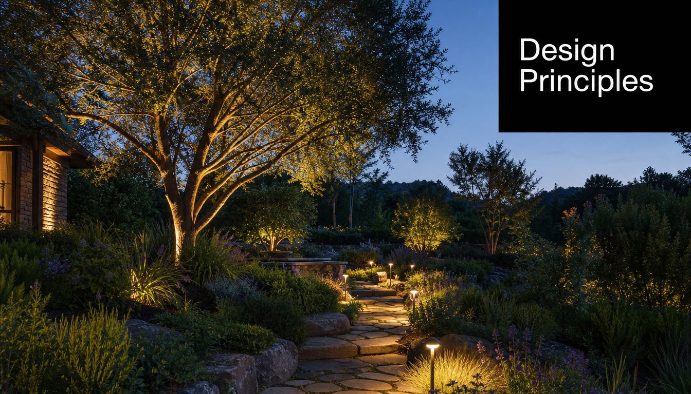 A scenic landscape featuring illuminated garden paths and glowing trees at dusk with a stone walkway.