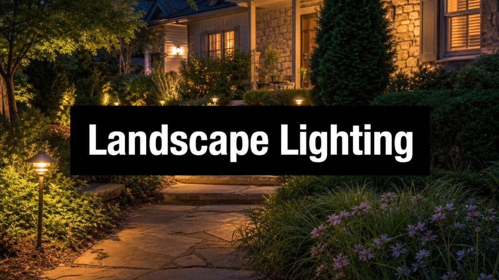 Banner-style image showing a nighttime garden with a lit stone path and warm landscape lighting along shrubs and a house, with bold text reading 'Landscape Lighting' across the center.