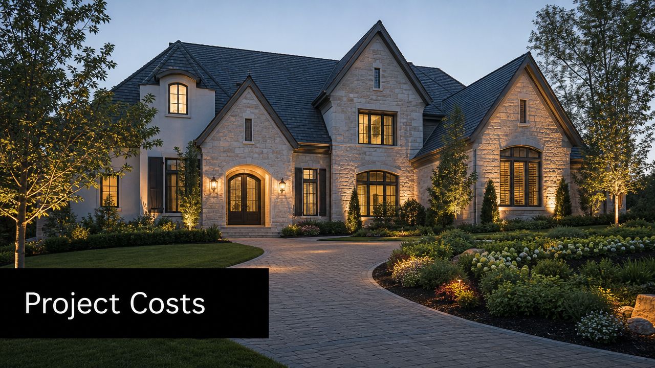 A luxurious custom home at dusk featuring illuminated stone masonry and extensive landscape lighting installation.