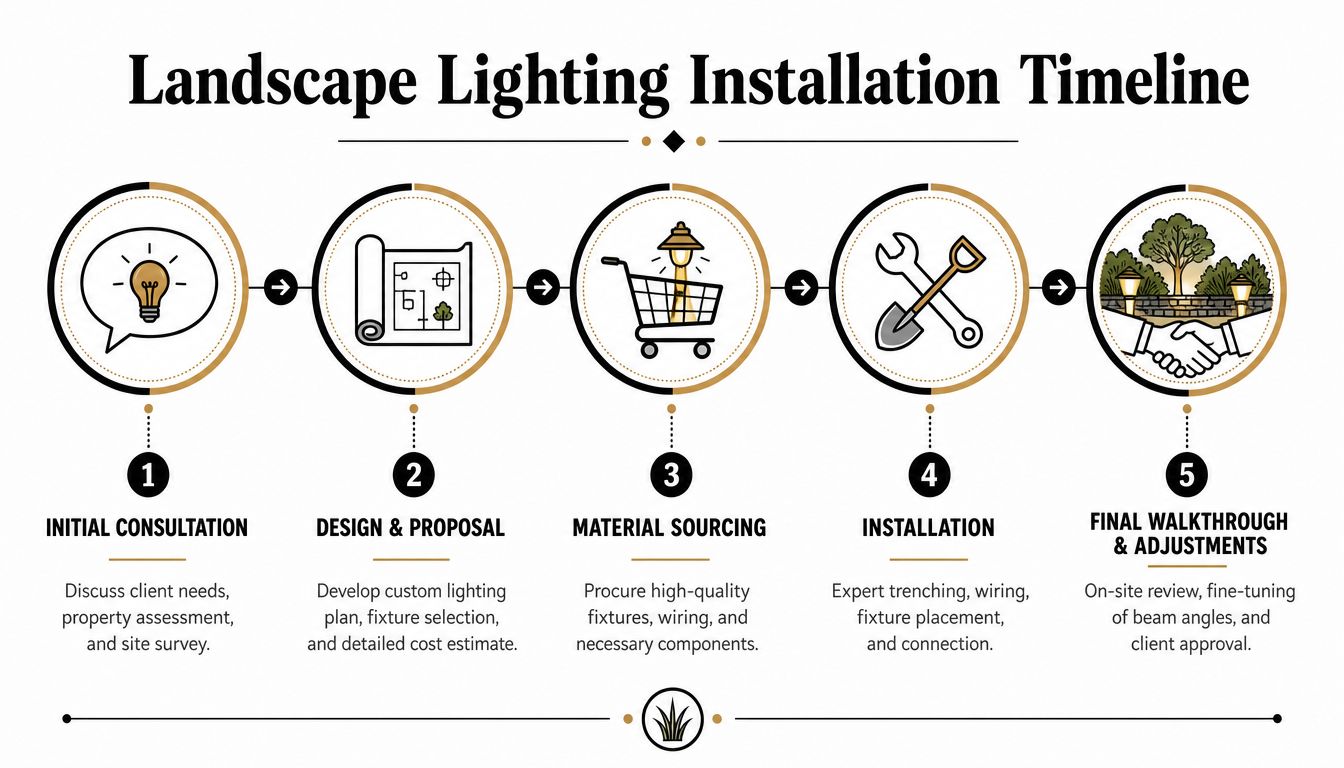 A five-step infographic showing the landscape lighting installation timeline from initial consultation to final adjustments.
