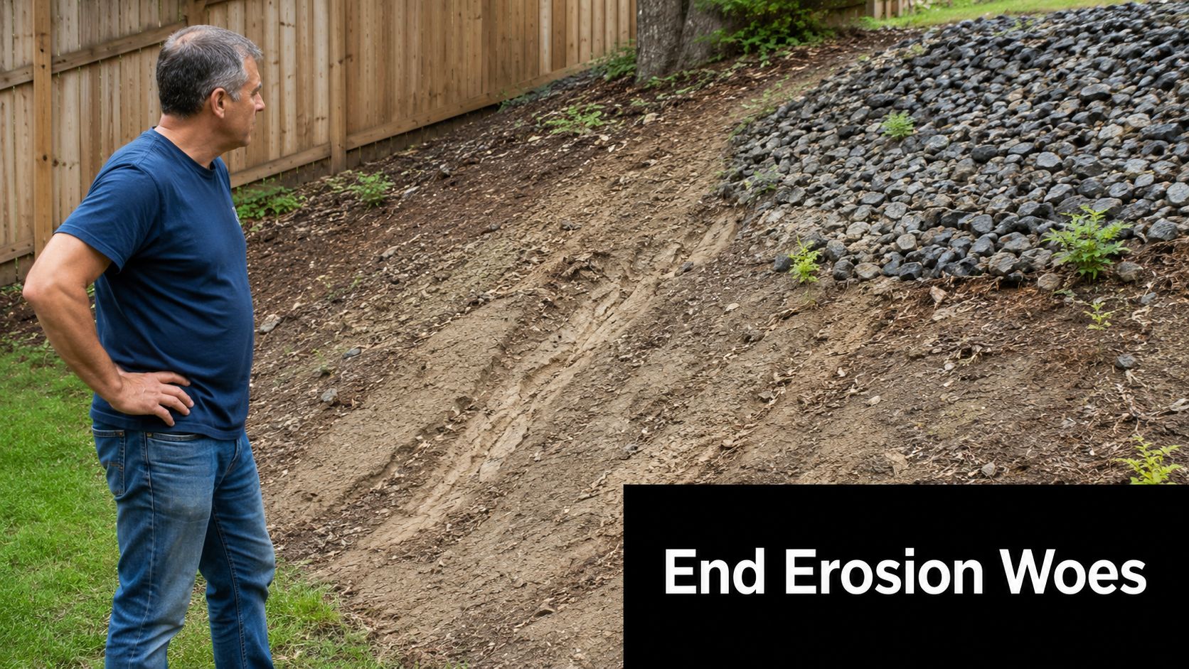 A man standing in his yard looking at a sloped area suffering from soil erosion issues.