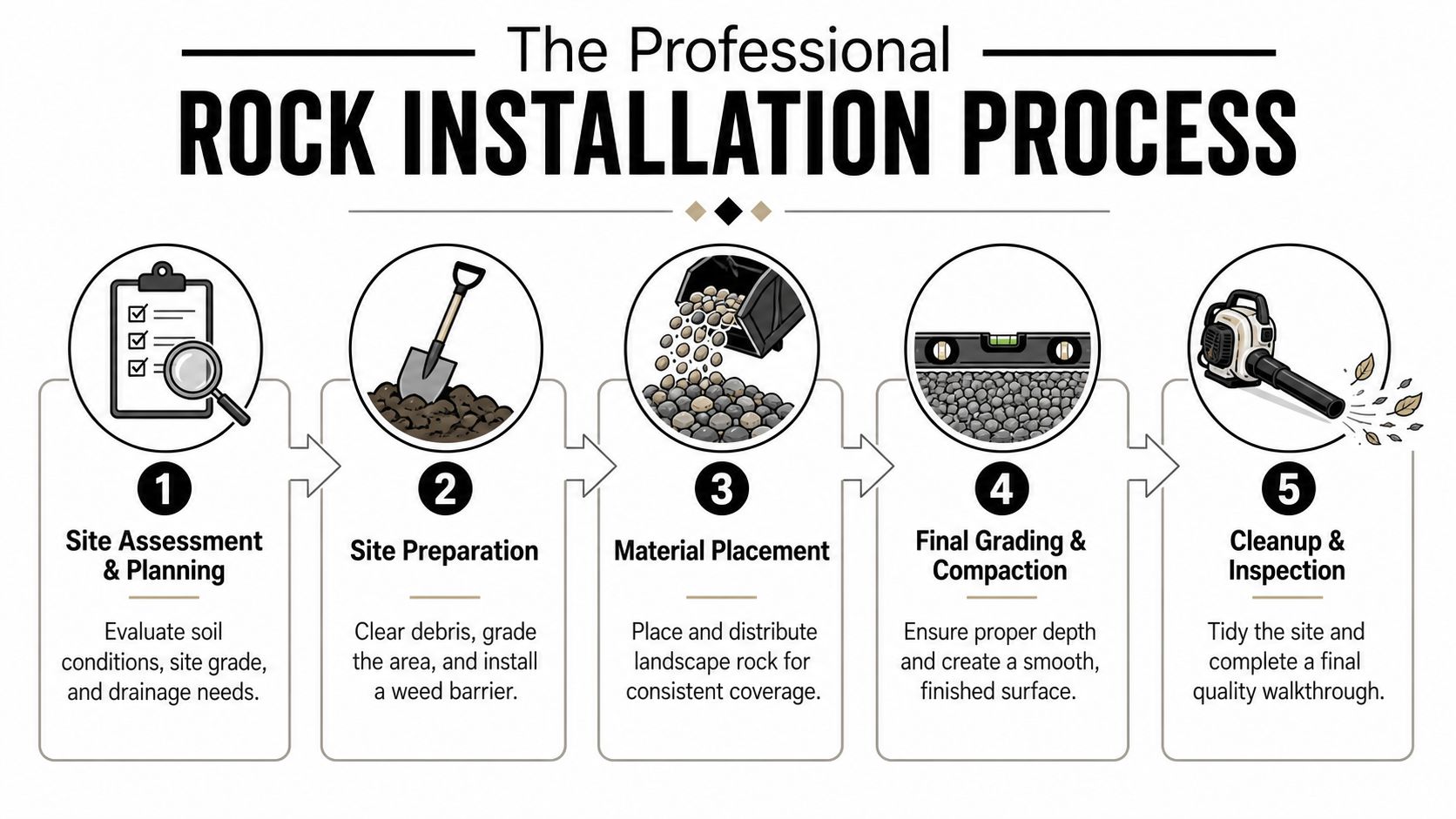 An infographic detailing the five steps of the professional rock installation process for landscaping projects.