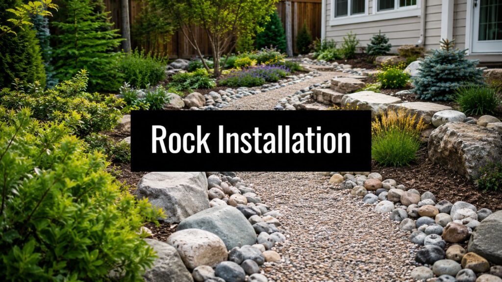Black banner reading 'Rock Installation' over a stone garden path with rocks and plants nearby.