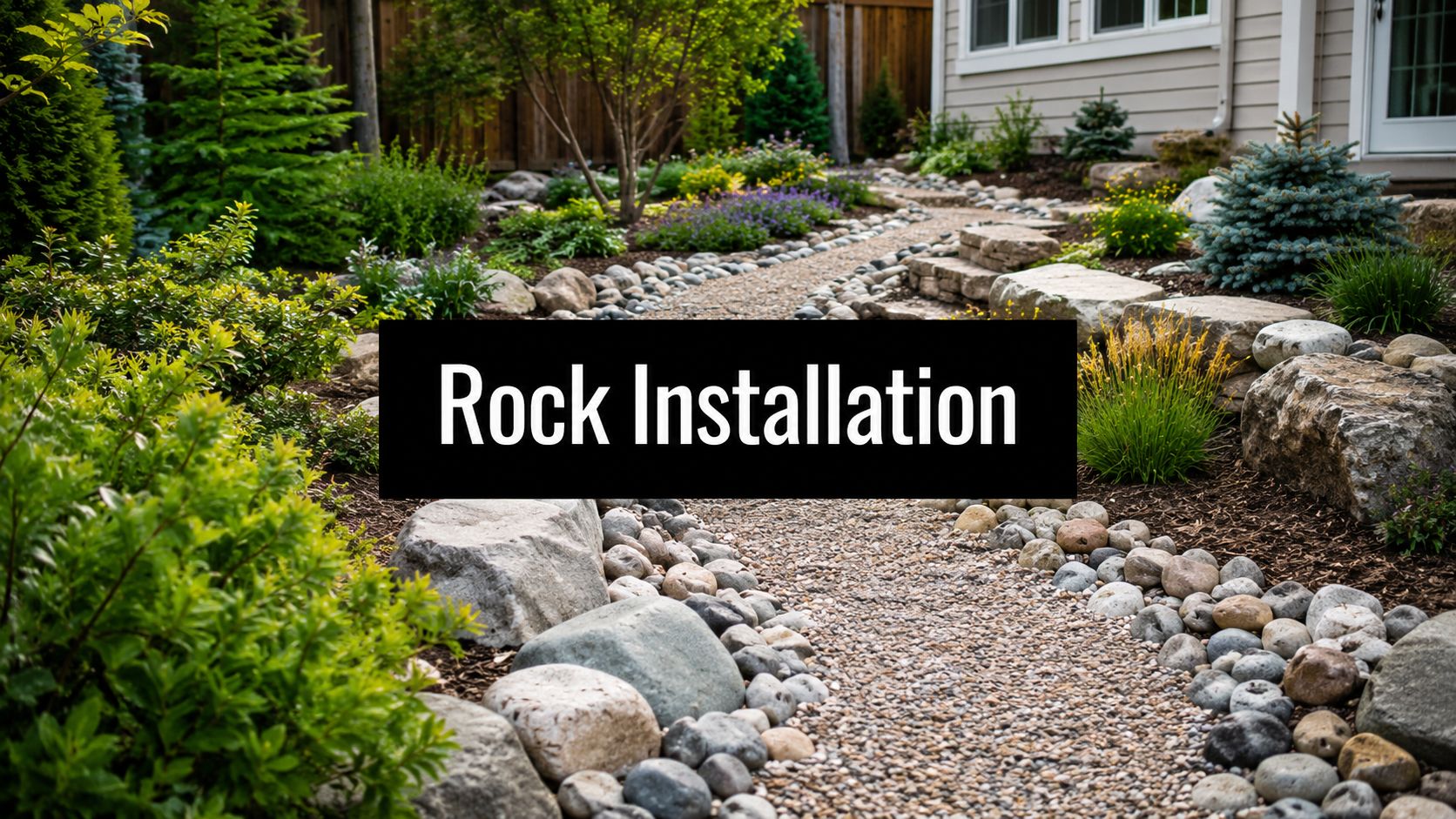 Black banner reading 'Rock Installation' over a stone garden path with rocks and plants nearby.