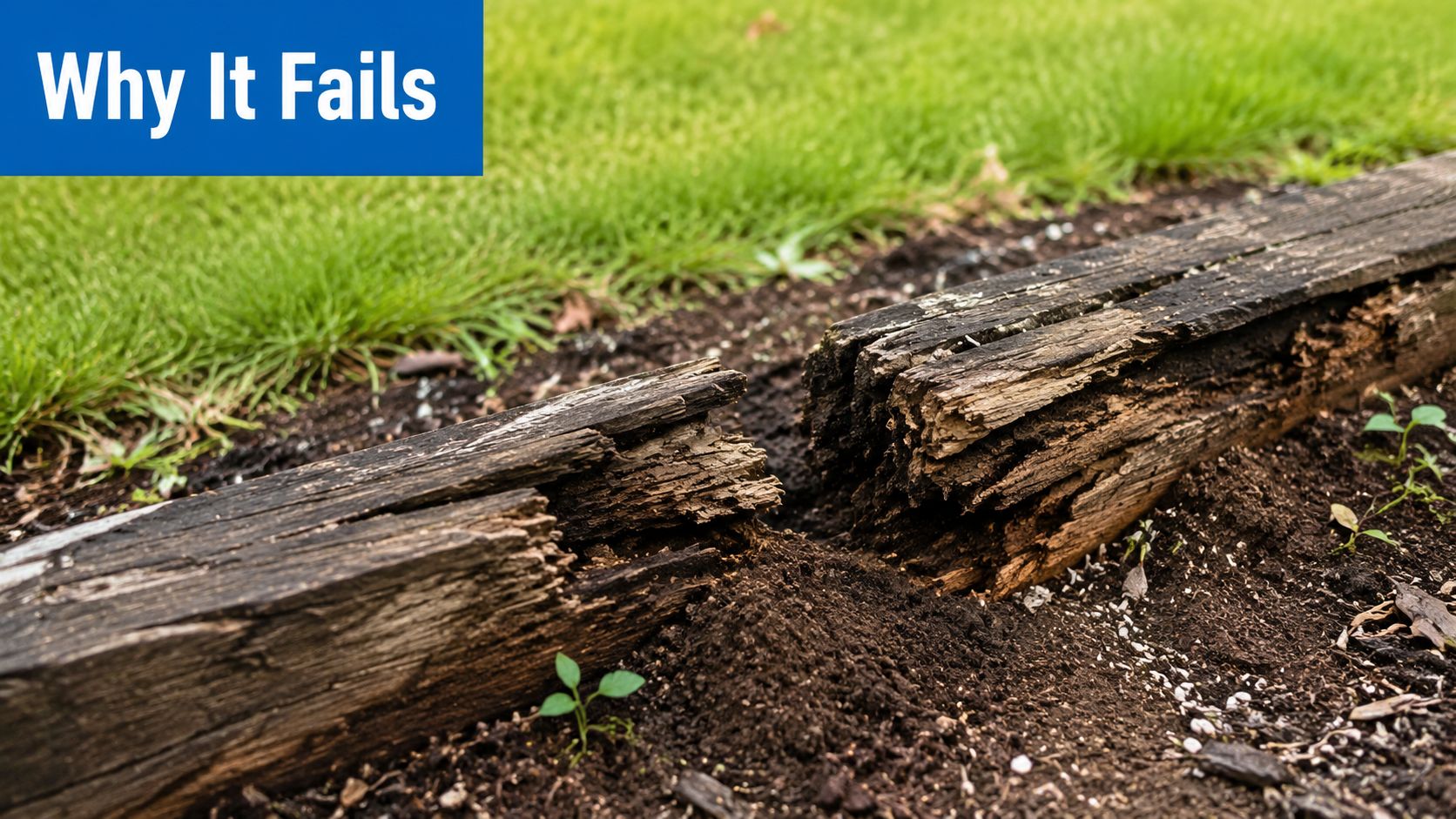 A close-up view of rotted wooden landscape timbers broken in half, showing signs of advanced wood decay.