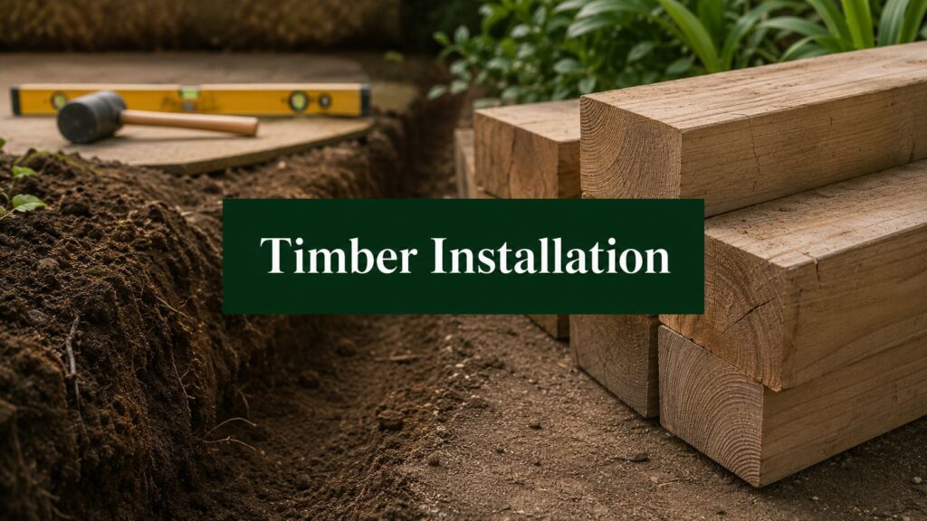 Timber installation site with stacked lumber, a mallet, and a level on the ground; banner reads 'Timber Installation'